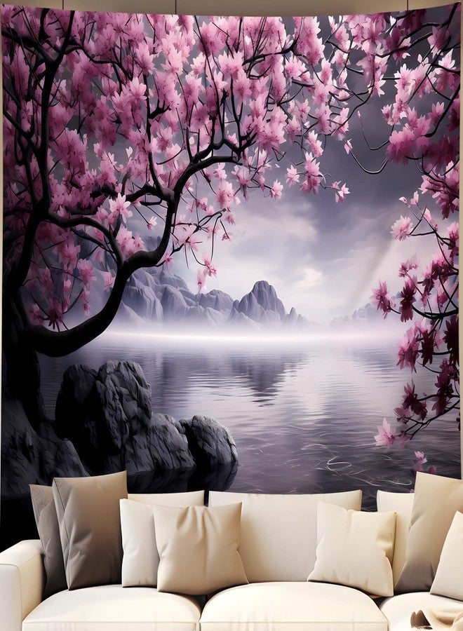 QGHOT Japanese Cherry Blossom Tapestry Wall Hanging Asian Anime Nature Mountain Wall Art Calming Lake Ocean Tapestries for Bedroom Living Room Decor 60x50in - Image 1
